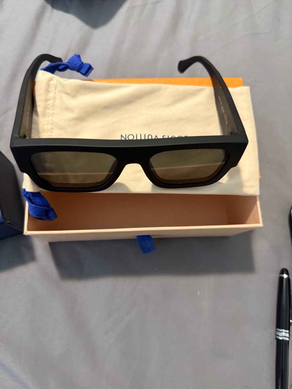 Louis Vuitton Matte Black Rectangular Sunglasses with Green Tint